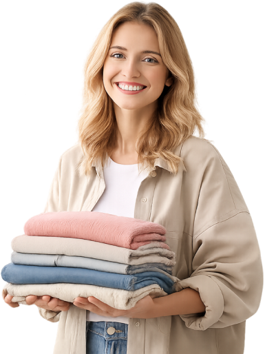 Žena drží poskladané oblečenie a usmieva sa.